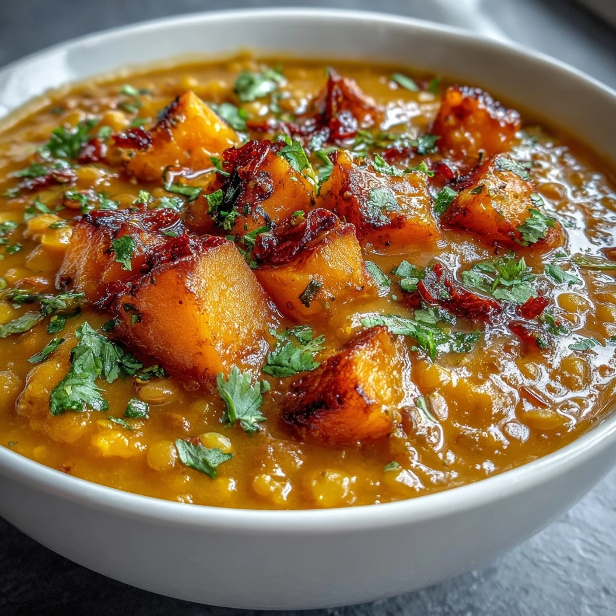 Vegan butternut squash and lentil soup served with warm crusty bread on a wooden table.