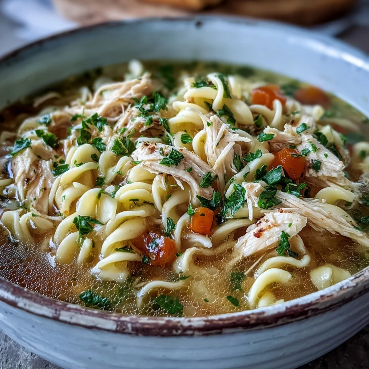Steaming pot of homemade Chicken and Noodle Soup with wide egg noodles, fresh herbs, and diced vegetables ready to serve.