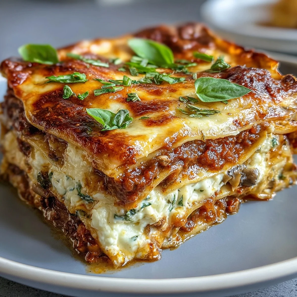 A close-up of a serving of One-Pan Smoky Veggie Lentil Lasagne on a white plate, showcasing the hearty lentil and vegetable layers.
