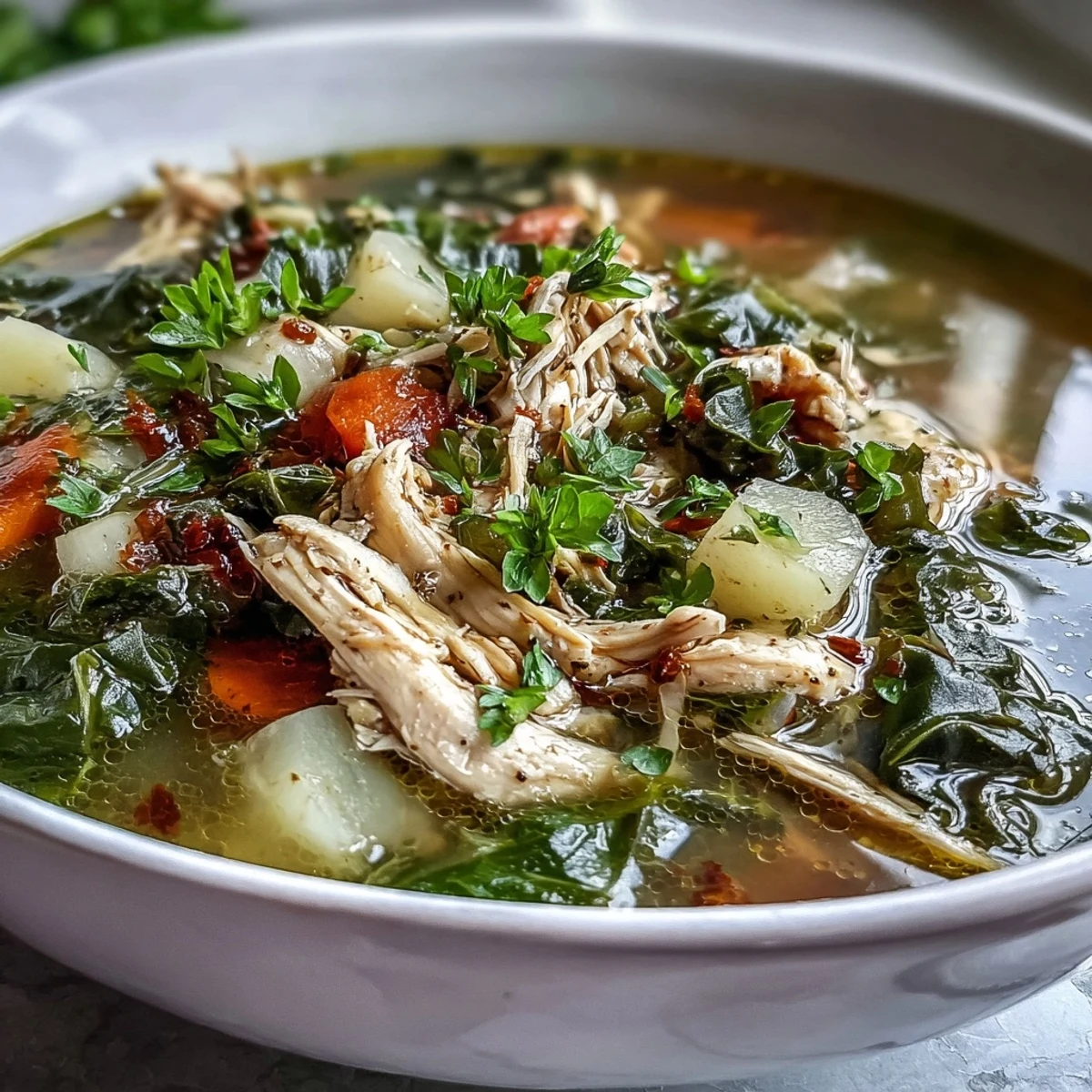 Collard Greens, Chicken and Vegetable Soup ladled into a white bowl, topped with shredded chicken, potatoes, and fresh herbs.