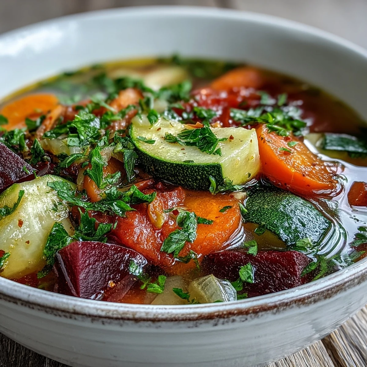 Rainbow Vegetable Detox Soup steams in a rustic bowl, showcasing vibrant beetroot, carrots, and zucchini in a clear, savory broth. 