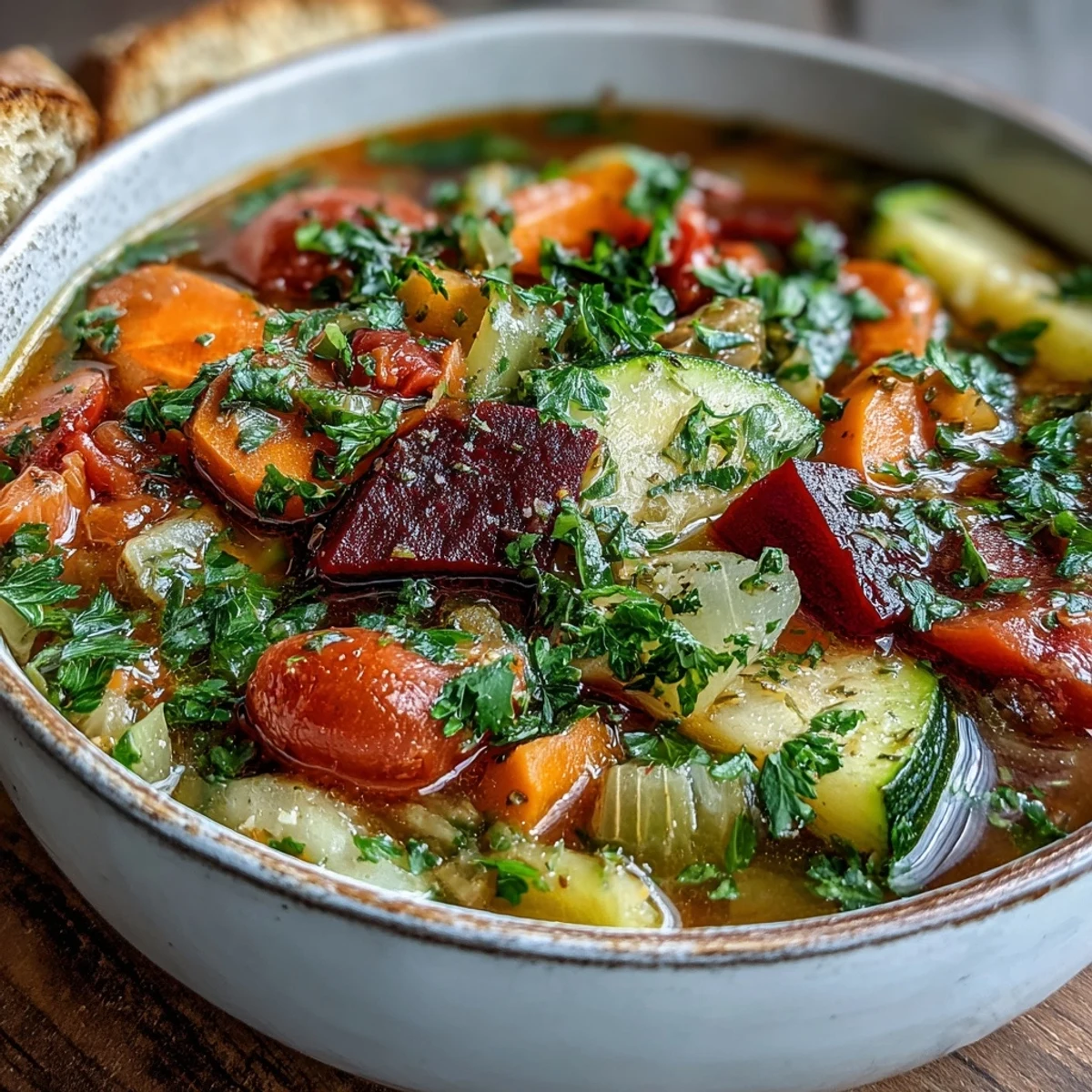 Overhead view of Rainbow Vegetable Detox Soup garnished with fresh parsley, served beside crusty artisan bread for a nourishing meal.