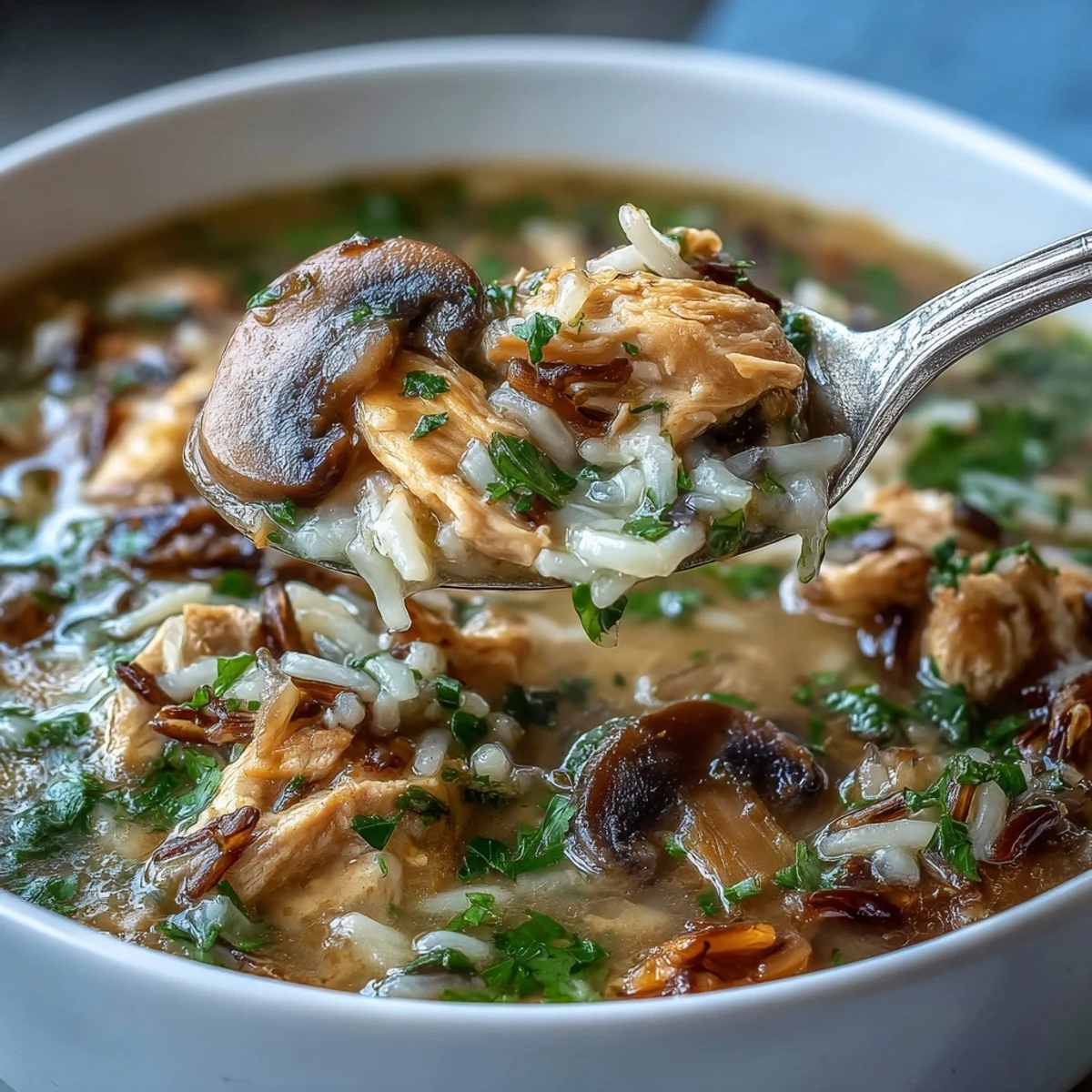 Ladle of savory Parmesan Mushroom Chicken and Wild Rice Soup with tender chicken, mushrooms, and melted cheese.