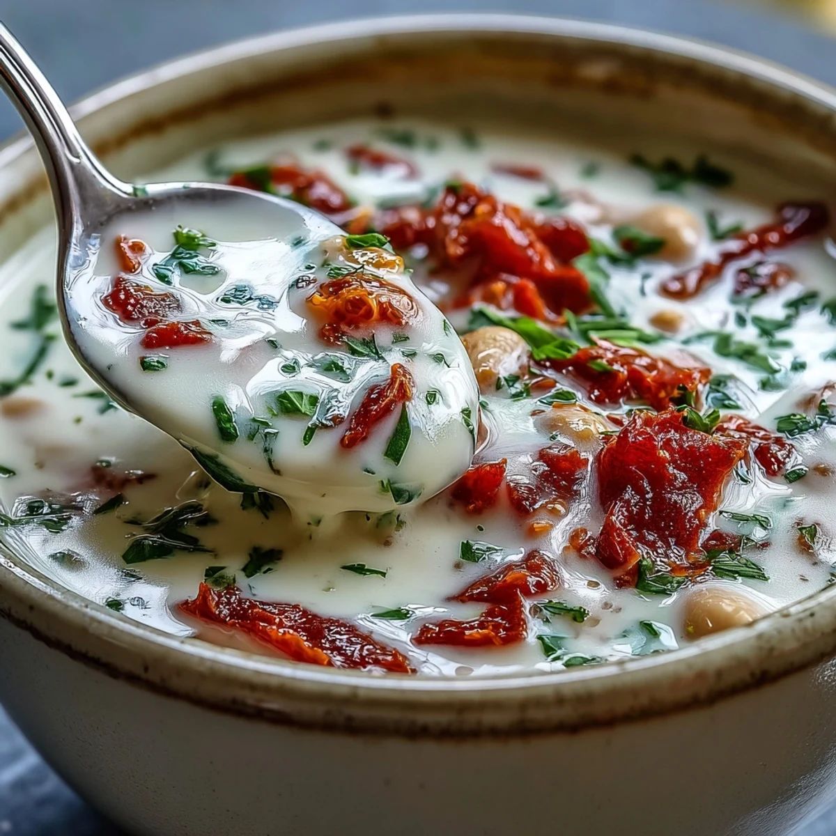 Creamy white bean soup with tomato served hot, garnished with fresh parsley and rustic bread on the side
