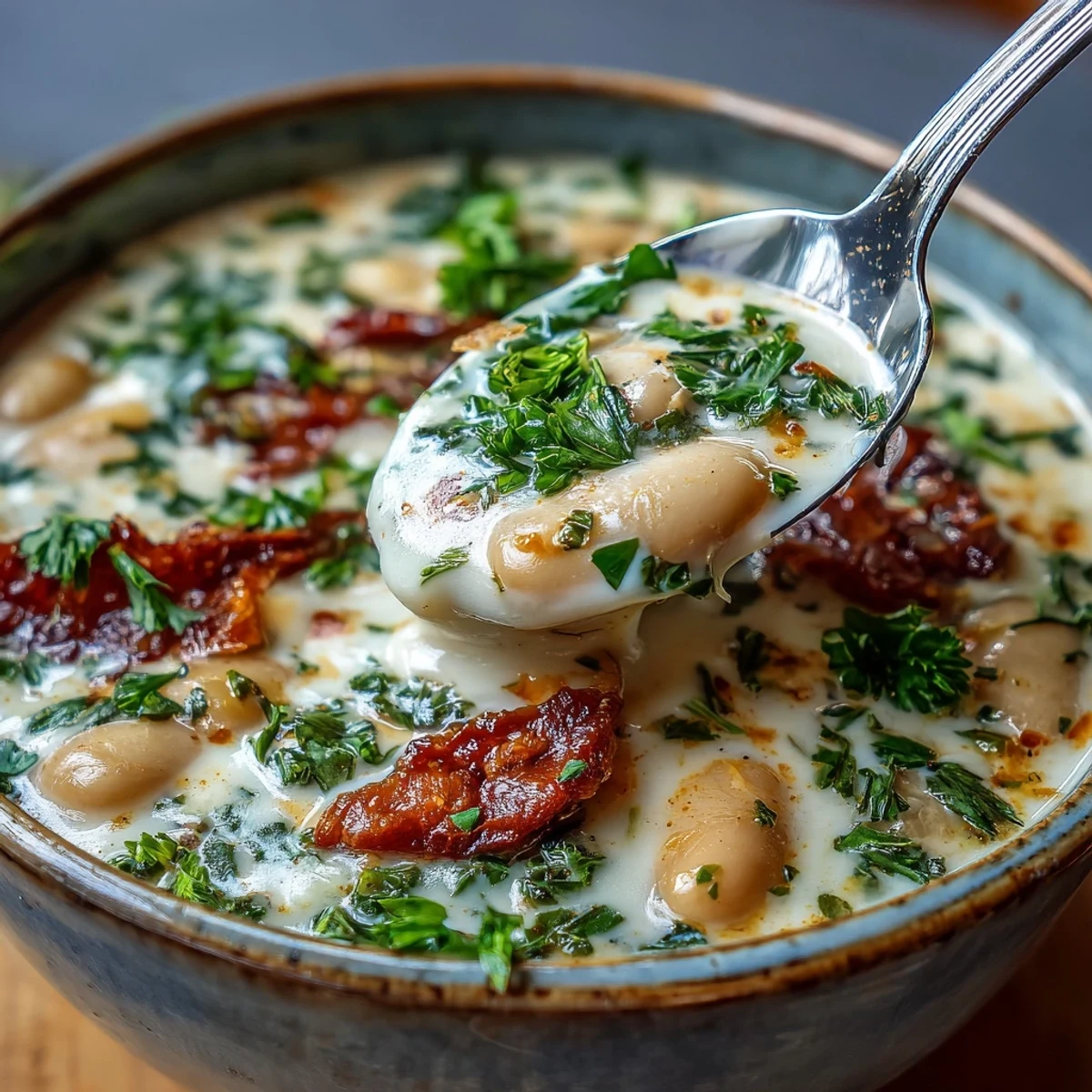 A close-up of velvety white bean soup with tomato, featuring diced tomatoes and herbs in a rustic bowl