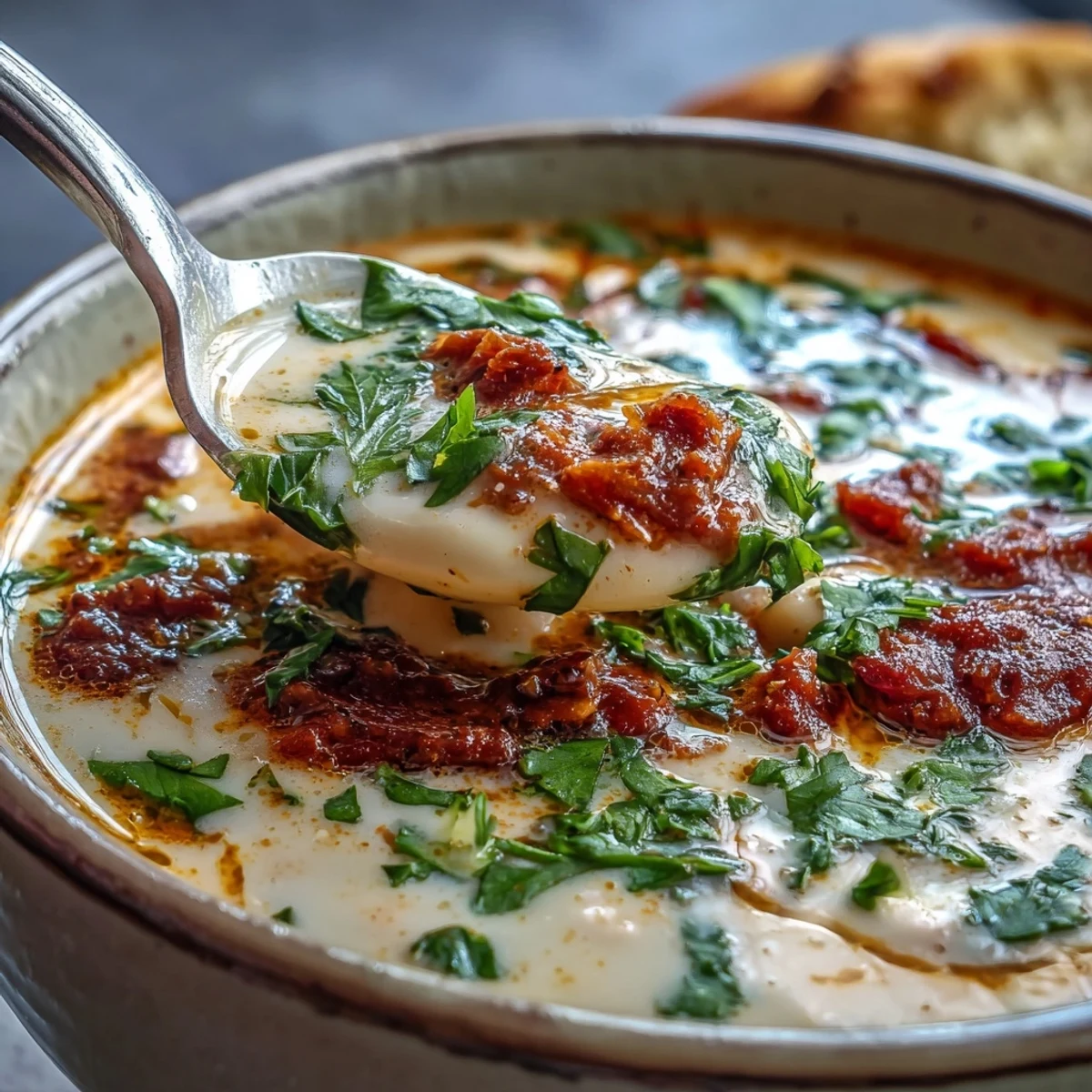 Hearty white bean soup with tomato ladled into a white bowl, steam rising over the creamy red-orange broth