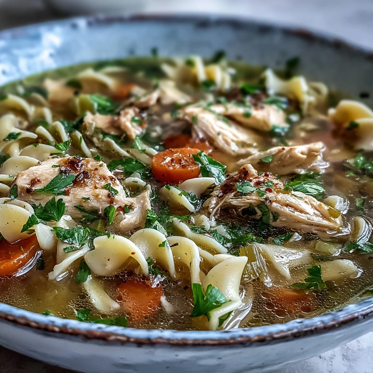 Steaming bowls of Chicken Noodle Soup feature tender chicken, carrots, and celery in a clear golden broth.