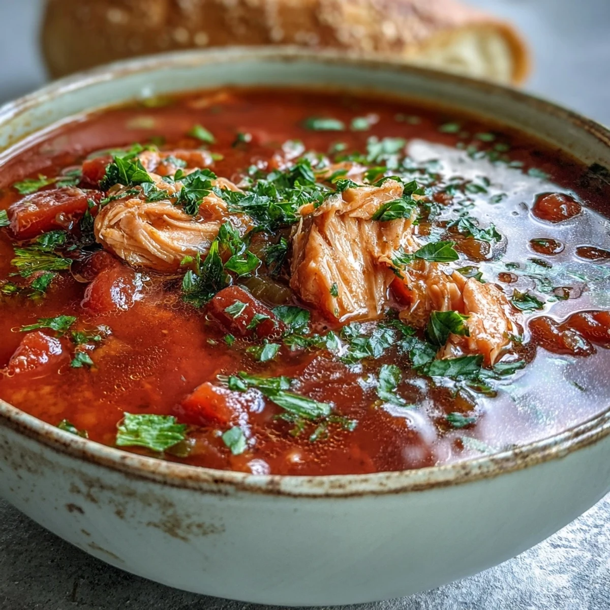 Bowl of hearty Italian-inspired Tuna and Tomato Soup garnished with fresh parsley and a lemon wedge.