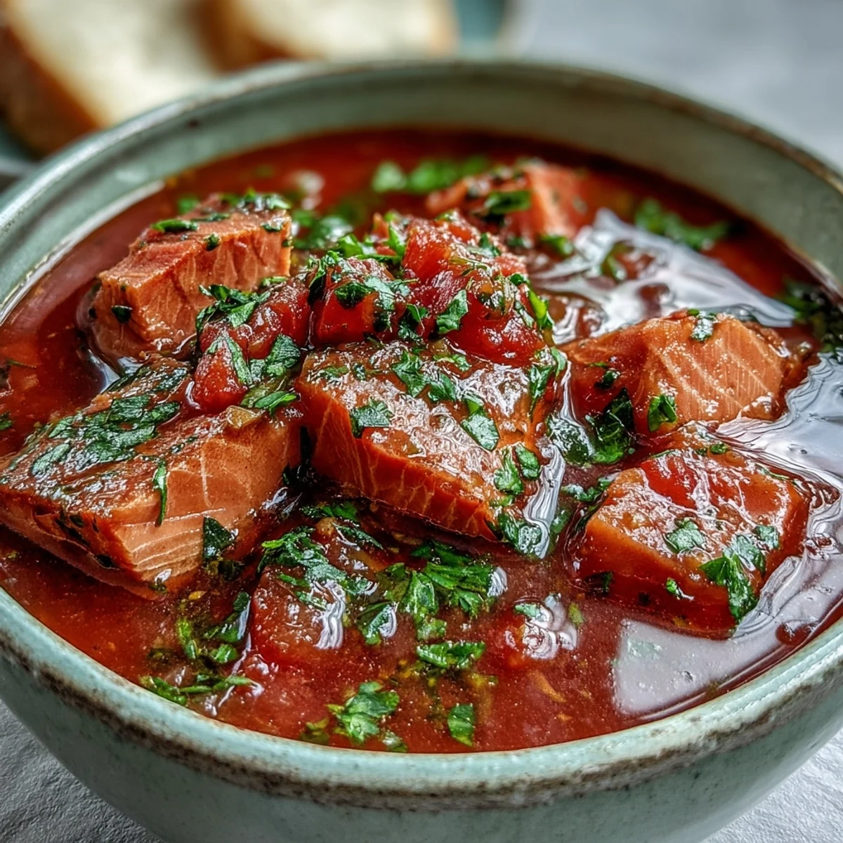 Tuna and Tomato Soup simmering in a pot with diced carrots, onions, and aromatic herbs.