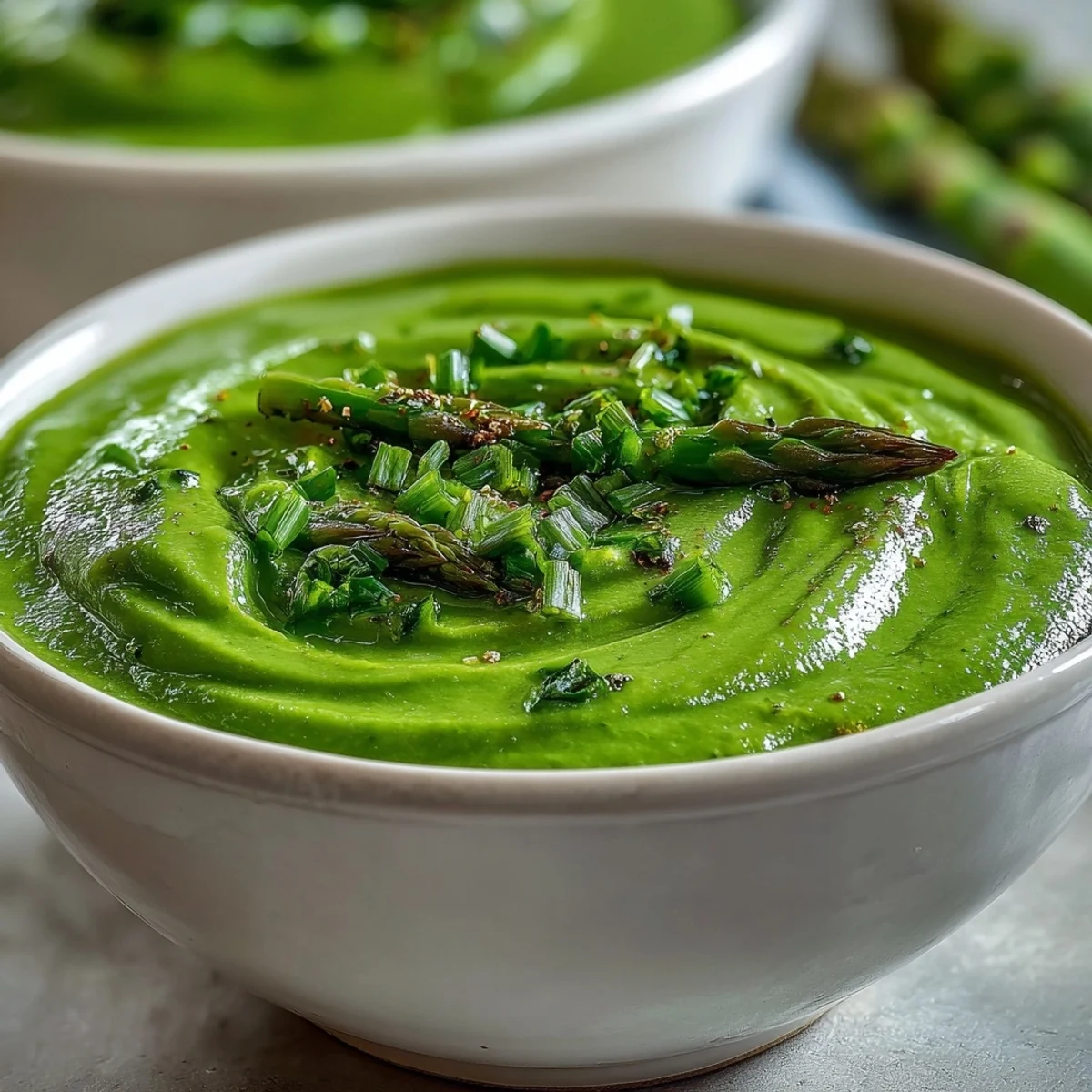 A bowl of Big Green Immunity-Boosting Vegetable Soup topped with olive oil drizzle and fresh herbs, steam rising from the vibrant puree.