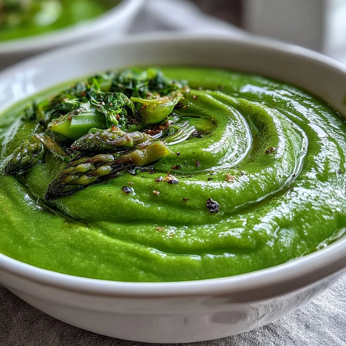 Creamy, bright green Big Green Immunity-Boosting Vegetable Soup in a rustic bowl with lemon wedges and a bread slice on the side.