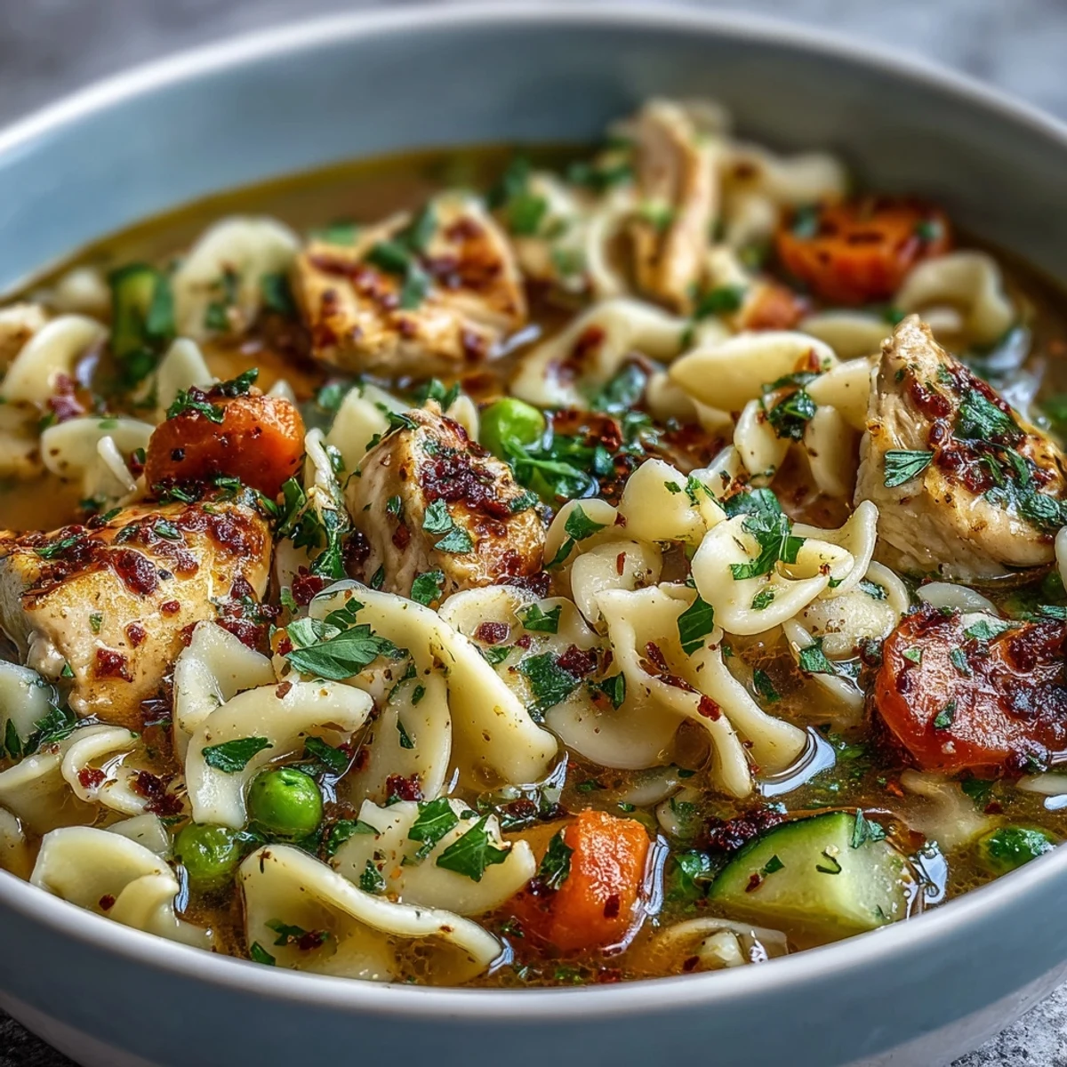 Steaming bowl of Pasta Soup With Chicken and Vegetables garnished with fresh parsley.