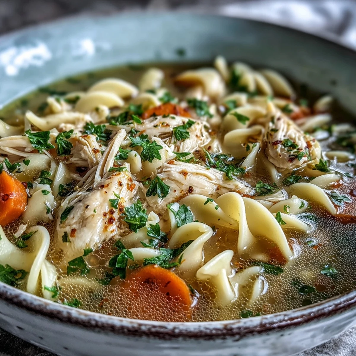 A comforting bowl of Chicken and Noodle Soup features tender shredded chicken and carrots swimming in a golden, savory broth.