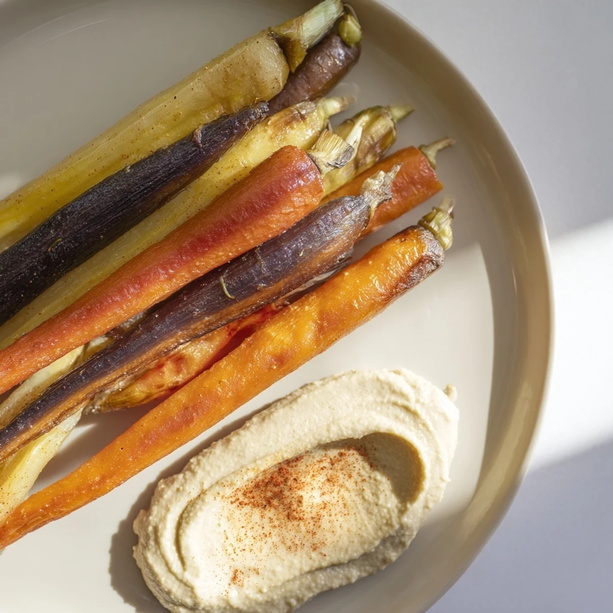 Oven-roasted rainbow carrots are arranged next to a bowl of creamy homemade hummus, garnished with paprika and parsley.