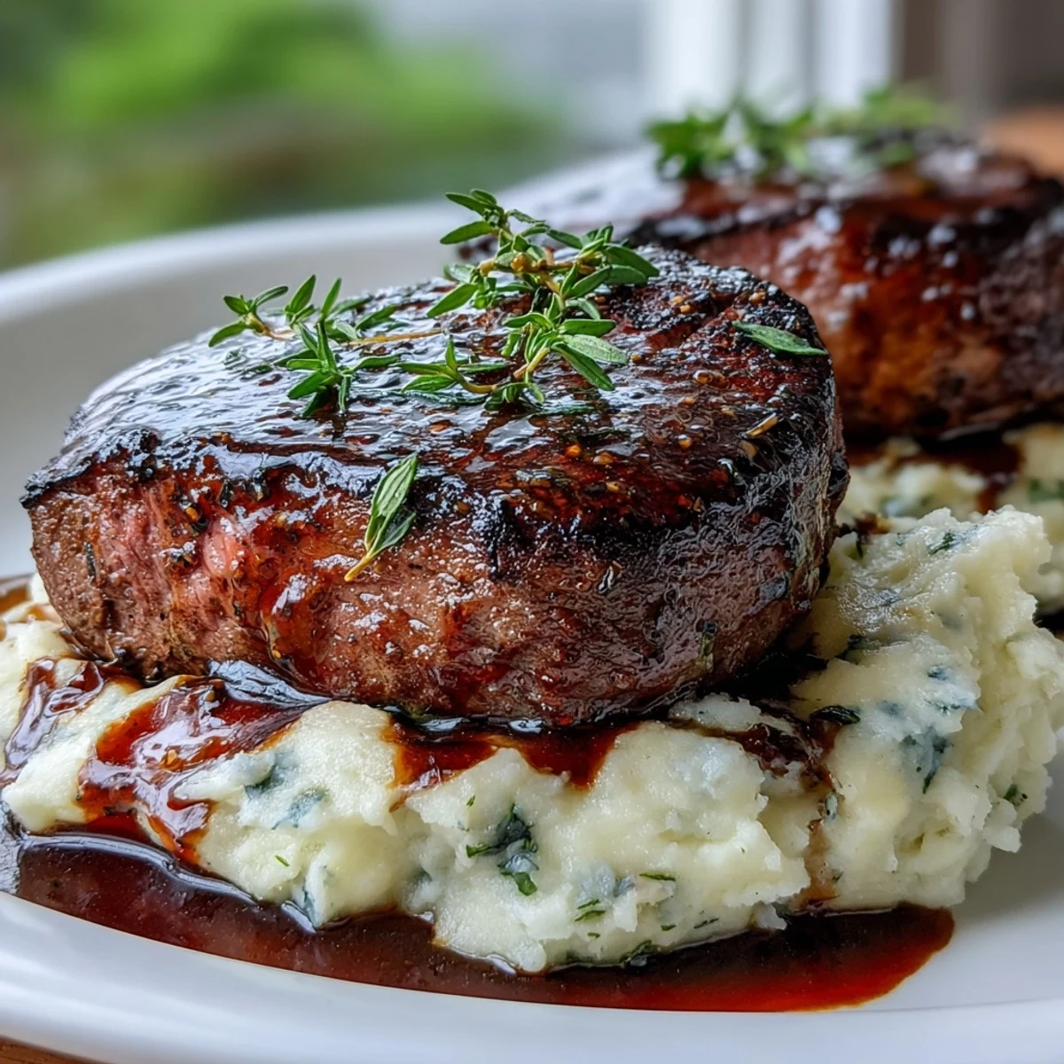 Golden-brown venison steaks with a fresh thyme garnish, served over creamy mashed swede sprinkled with toasted caraway seeds on a rustic plate.