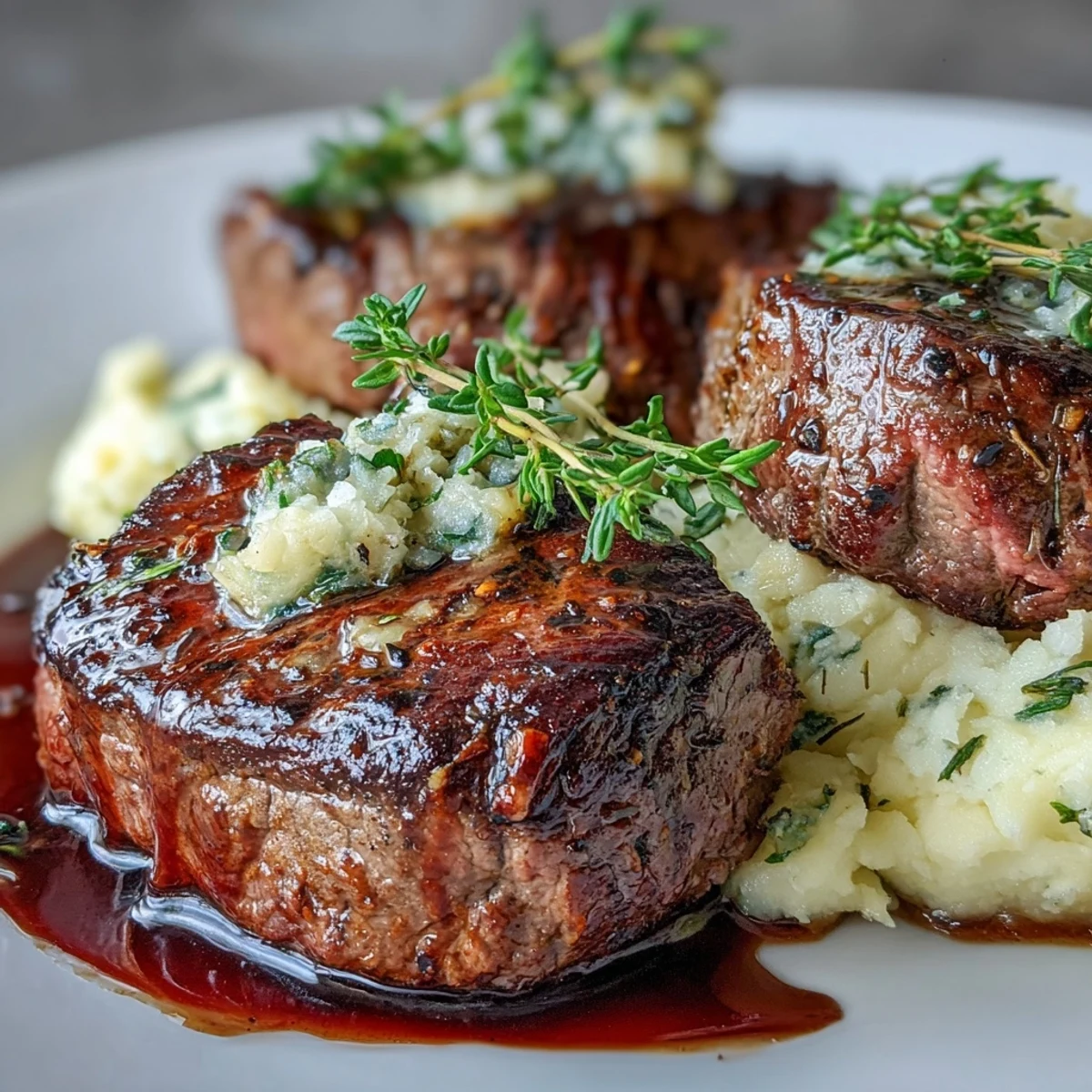 Pan-seared venison steaks rest on a mound of buttery crushed swede mash, with a rich red wine reduction sauce drizzled over the top.