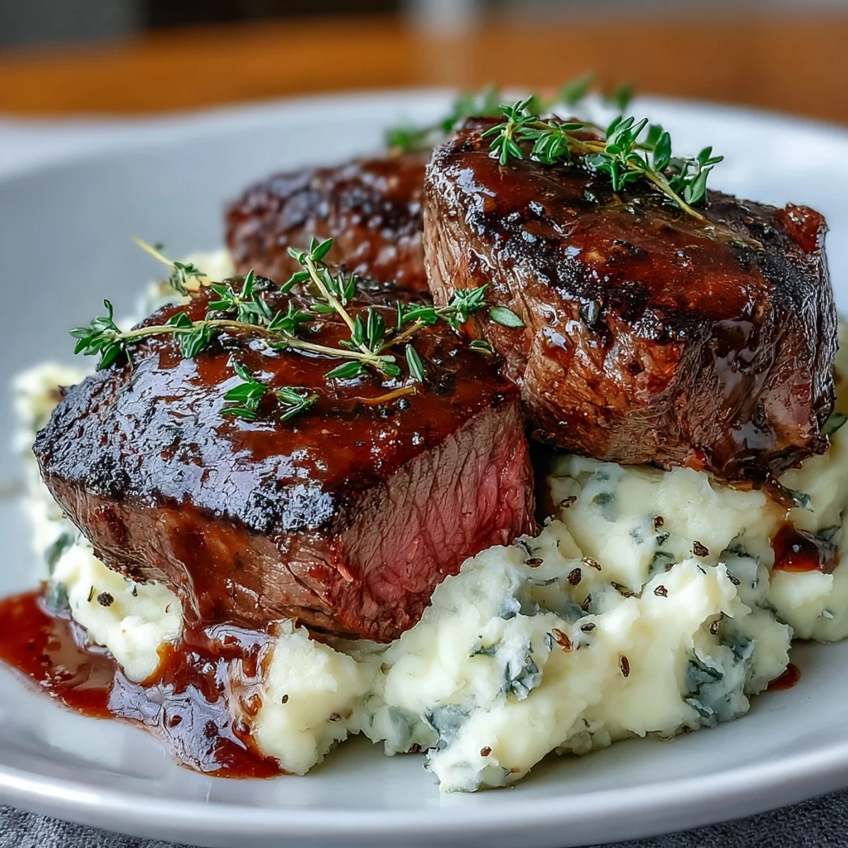 Savory venison steaks are plated alongside creamy caraway swede mash, garnished with fresh thyme and ready to serve for a cozy dinner.
