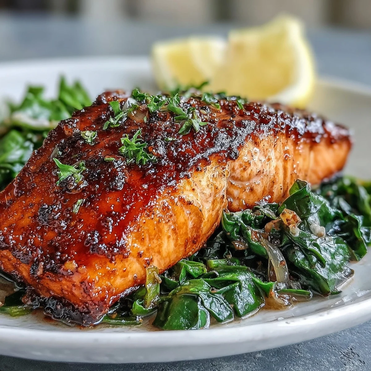 Air Fryer Salmon and Swiss Chard plated with golden, crisp-skinned fillets over garlicky greens, lemon wedges on the side.
