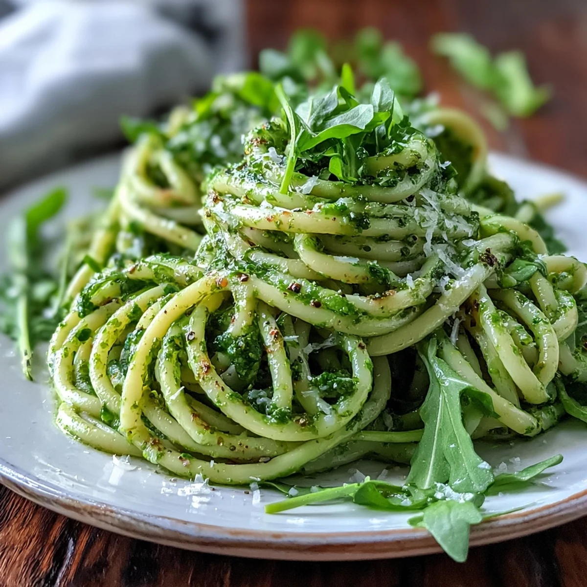 Steaming Linguine with Arugula Pesto twirls on a fork beside fresh arugula leaves and a lemon wedge.