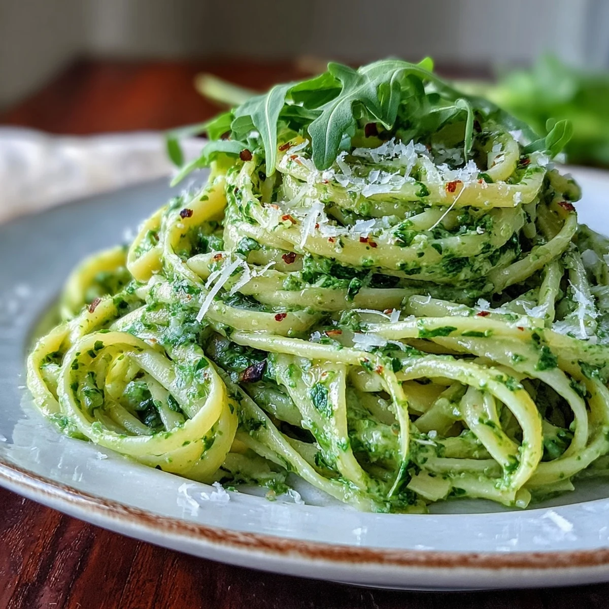 Tossed Linguine with Arugula Pesto served with extra arugula garnish, perfect for an easy weeknight dinner.