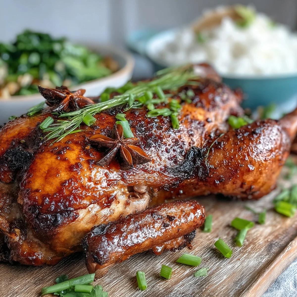 Crispy, spice-rubbed Five-Spice Roast Ducks garnished with fresh scallions and star anise, ready for a romantic dinner.