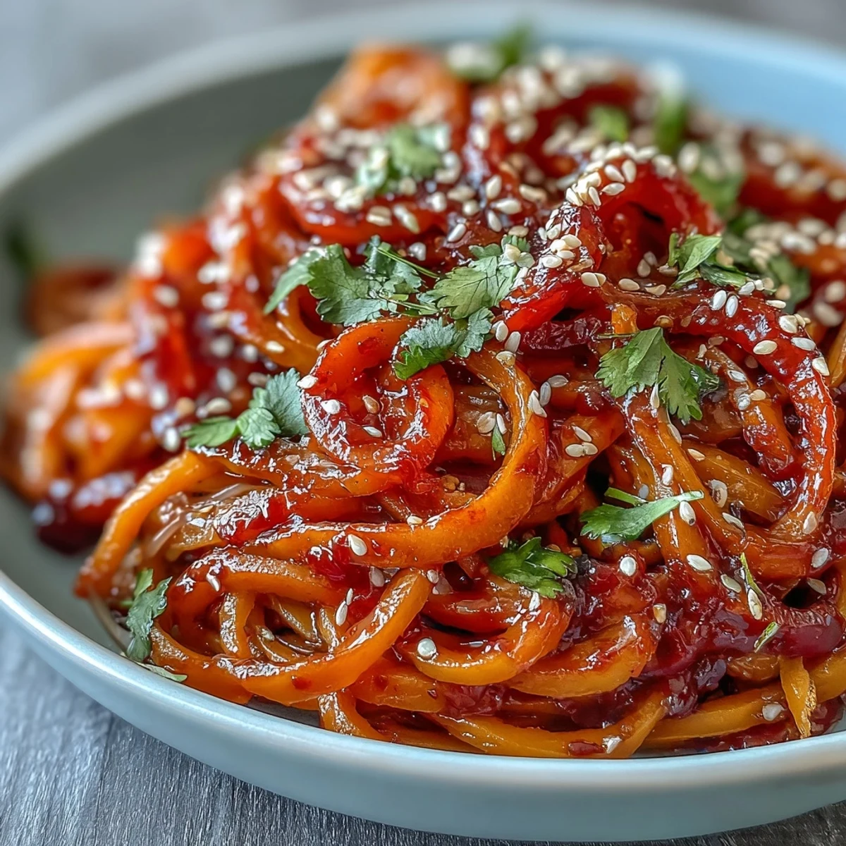 Sizzling roasted swede ribbons tossed with rice noodles in a glossy gochujang dressing, served hot for a satisfying vegan dinner.