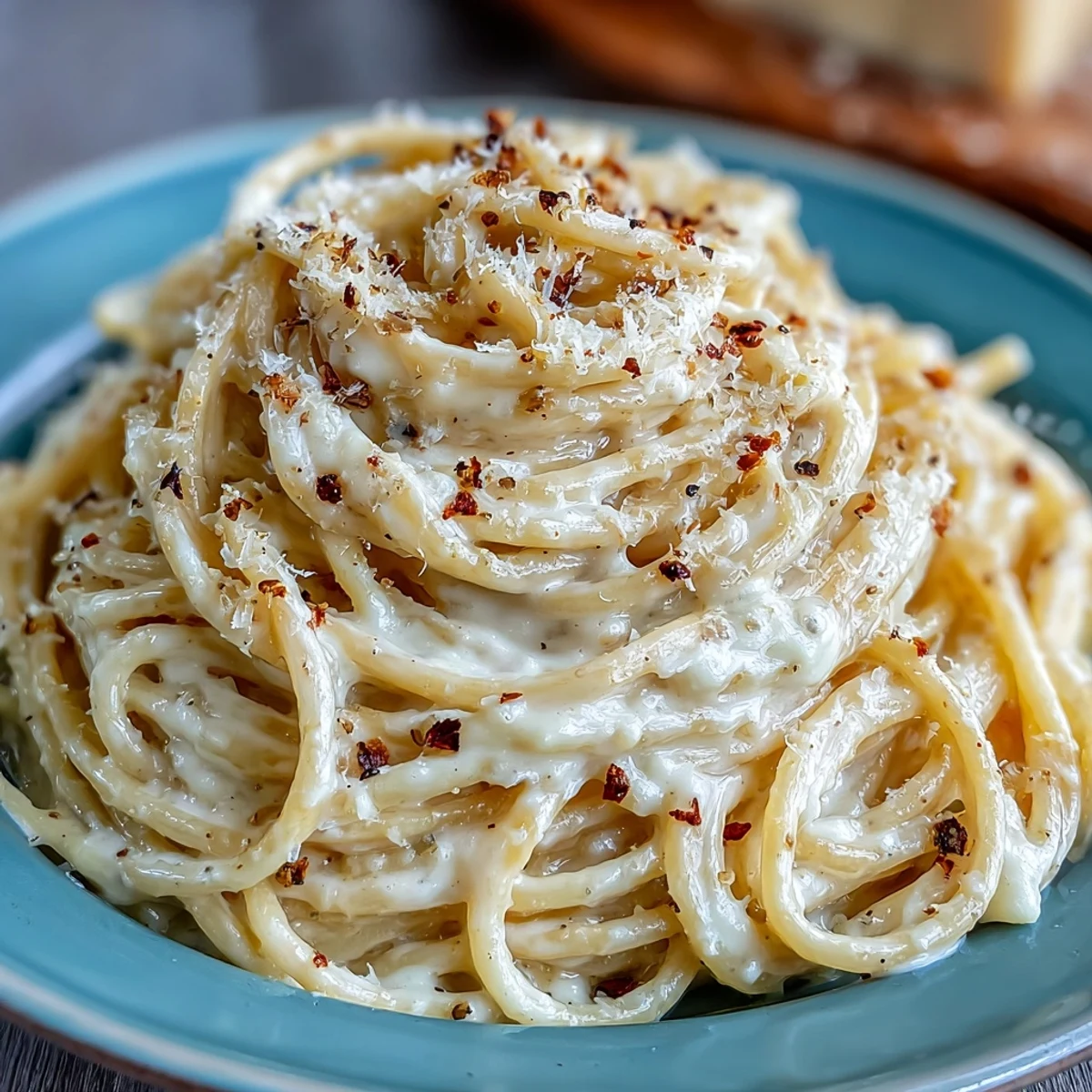 Freshly cracked black pepper and grated Pecorino Romano cheese for making Cacio e Pepe on a wooden board.