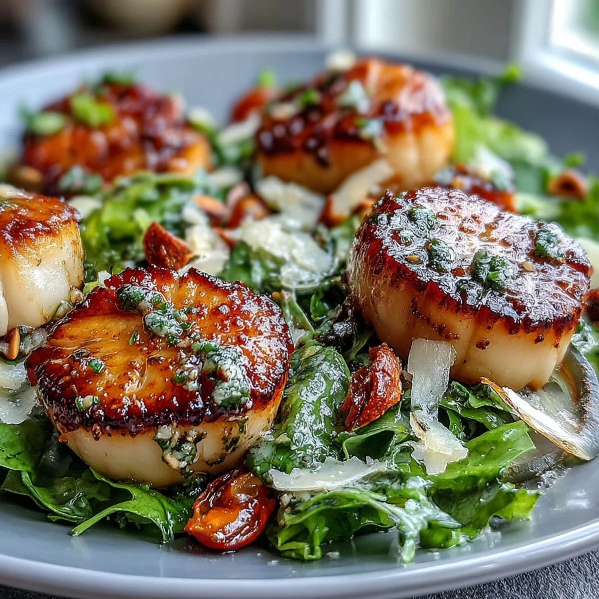Golden seared scallops rest on bright escarole salad with cherry tomatoes and a drizzle of pesto vinaigrette.