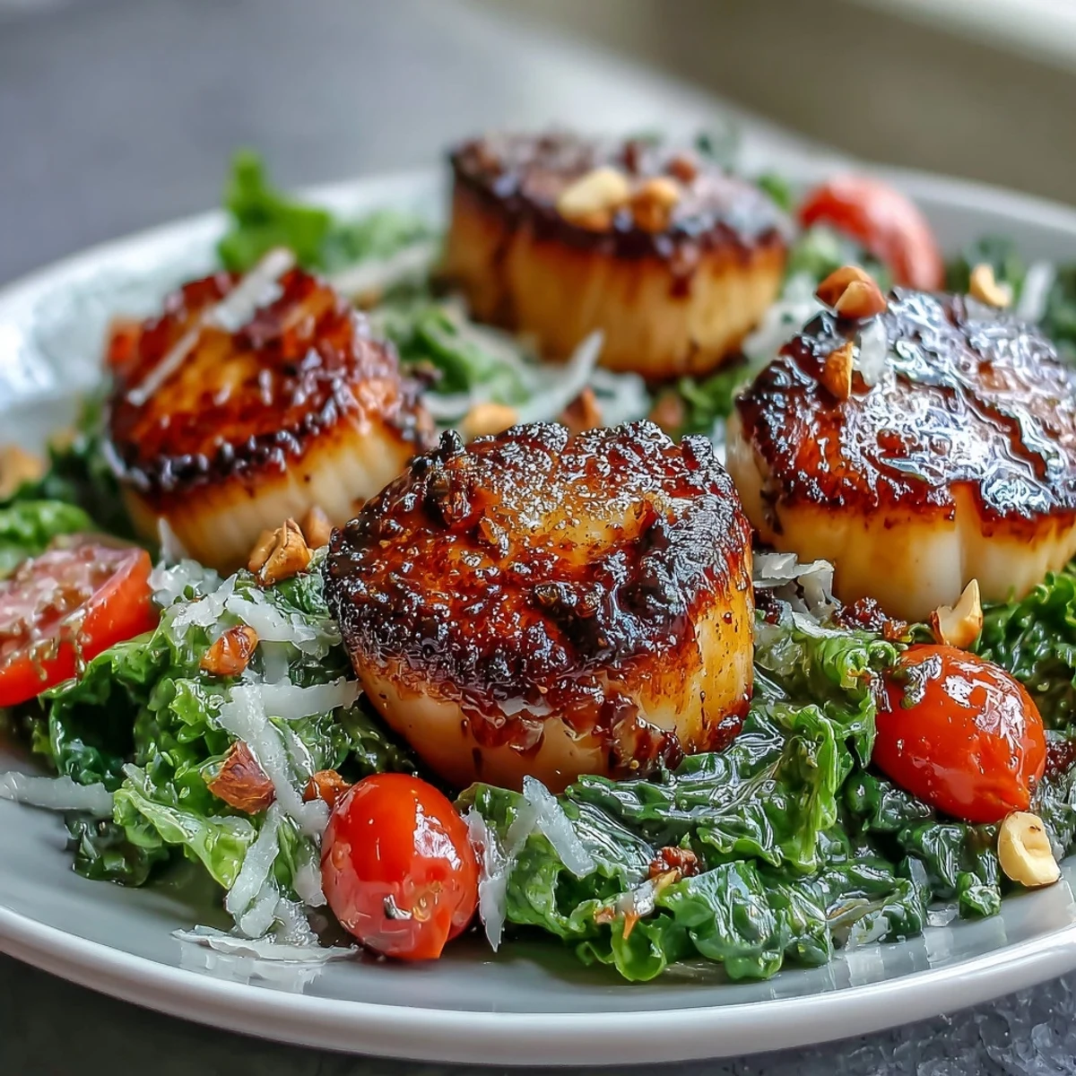 Tender pan-seared scallops topped on crisp escarole with cherry tomatoes and pesto vinaigrette.