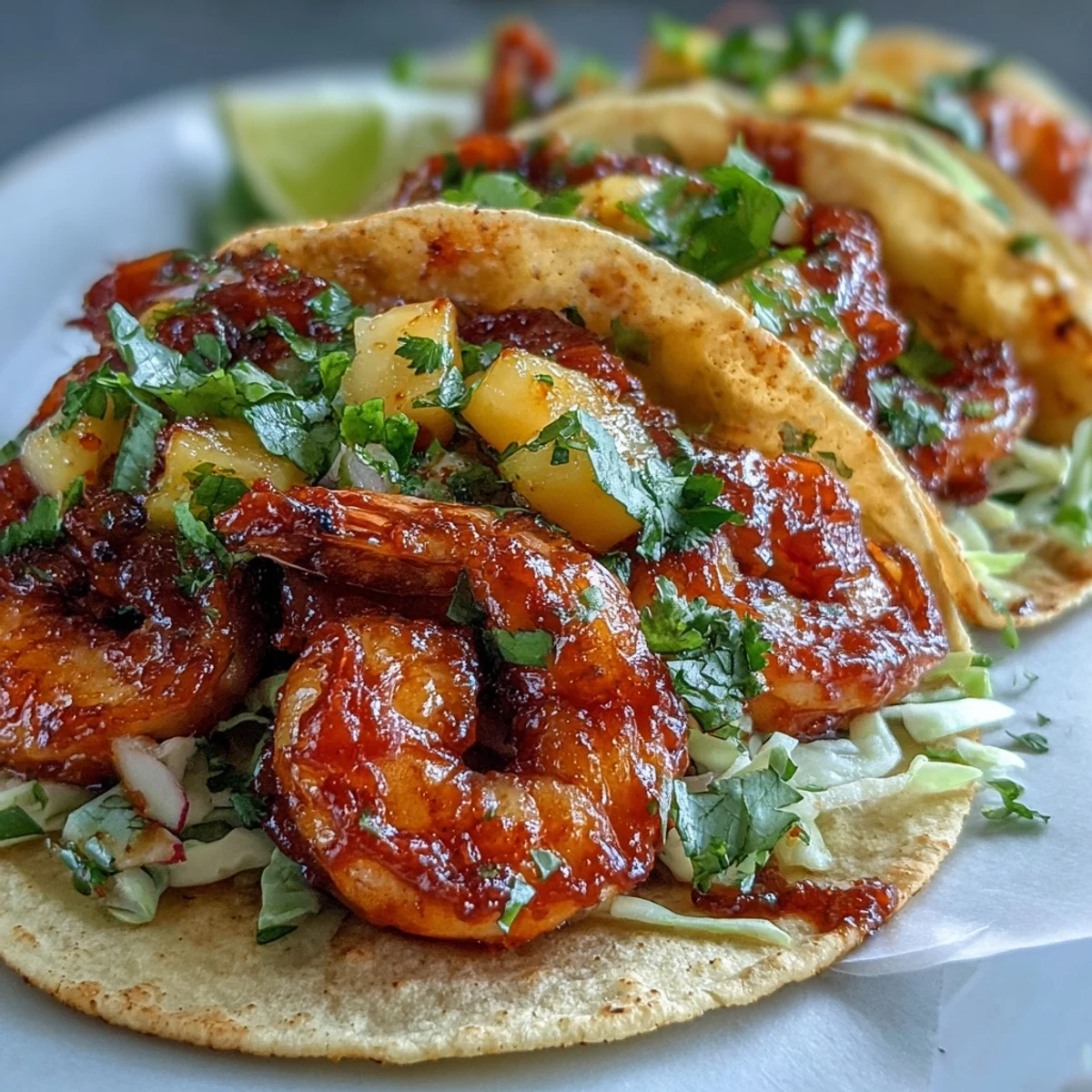 A close-up of Sriracha Shrimp Tacos with Mango Salsa shows glazed shrimp and diced mango, with shredded red cabbage adding a crisp, colorful crunch.