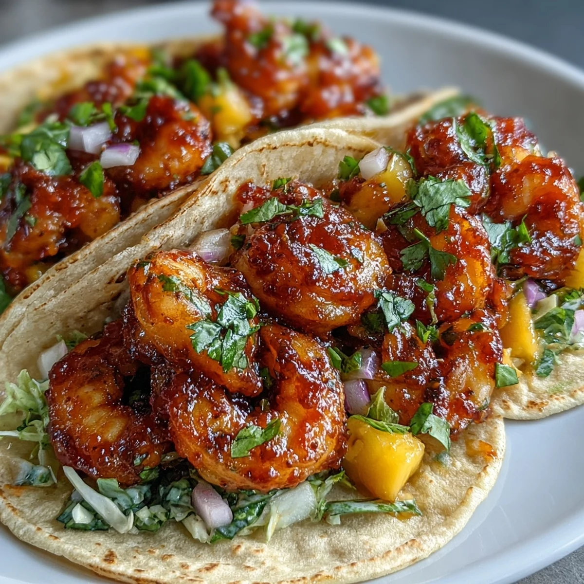 Two Sriracha Shrimp Tacos with Mango Salsa sit on a wooden board, garnished with cilantro and lime wedges, ready for a fresh, spicy bite.