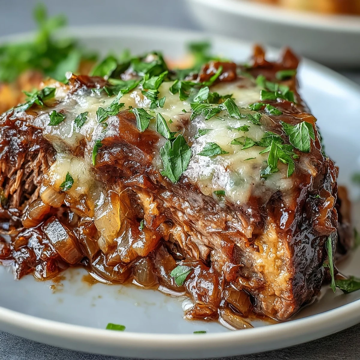 Savory Crock Pot French Onion Pot Roast simmers to fork-tender perfection in rich beef and wine broth. Sweet caramelized onions, fresh thyme, and melted Gruyere blanket the juicy slices.