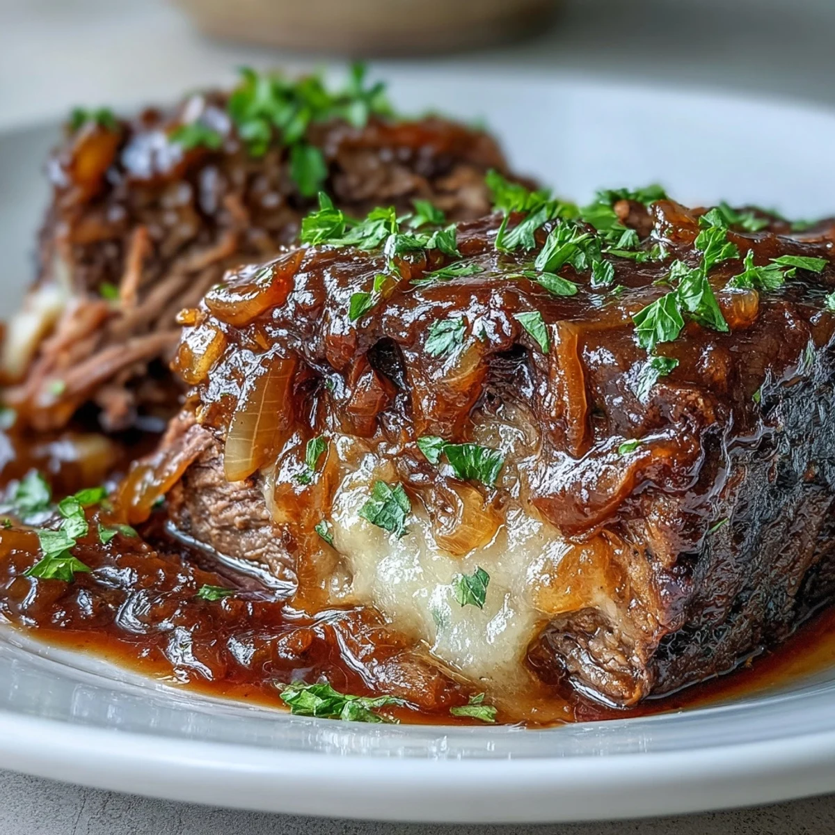 Slow cooker Savory Crock Pot French Onion Pot Roast topped with gooey Gruyere and fresh parsley. The tender beef is served in savory juices alongside optional sautéed mushrooms and crusty bread.