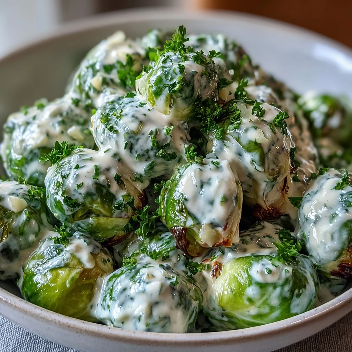 Tender Brussels sprouts in a creamy, tangy mustard sauce, garnished with fresh parsley for a cozy vegetarian side dish.