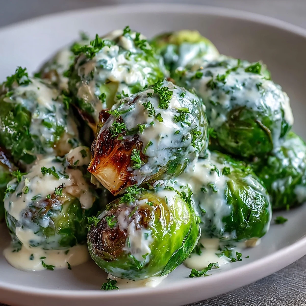 Golden Brussels sprouts coated in a silky cream cheese-mustard sauce, served warm from a skillet with garlic and onion.