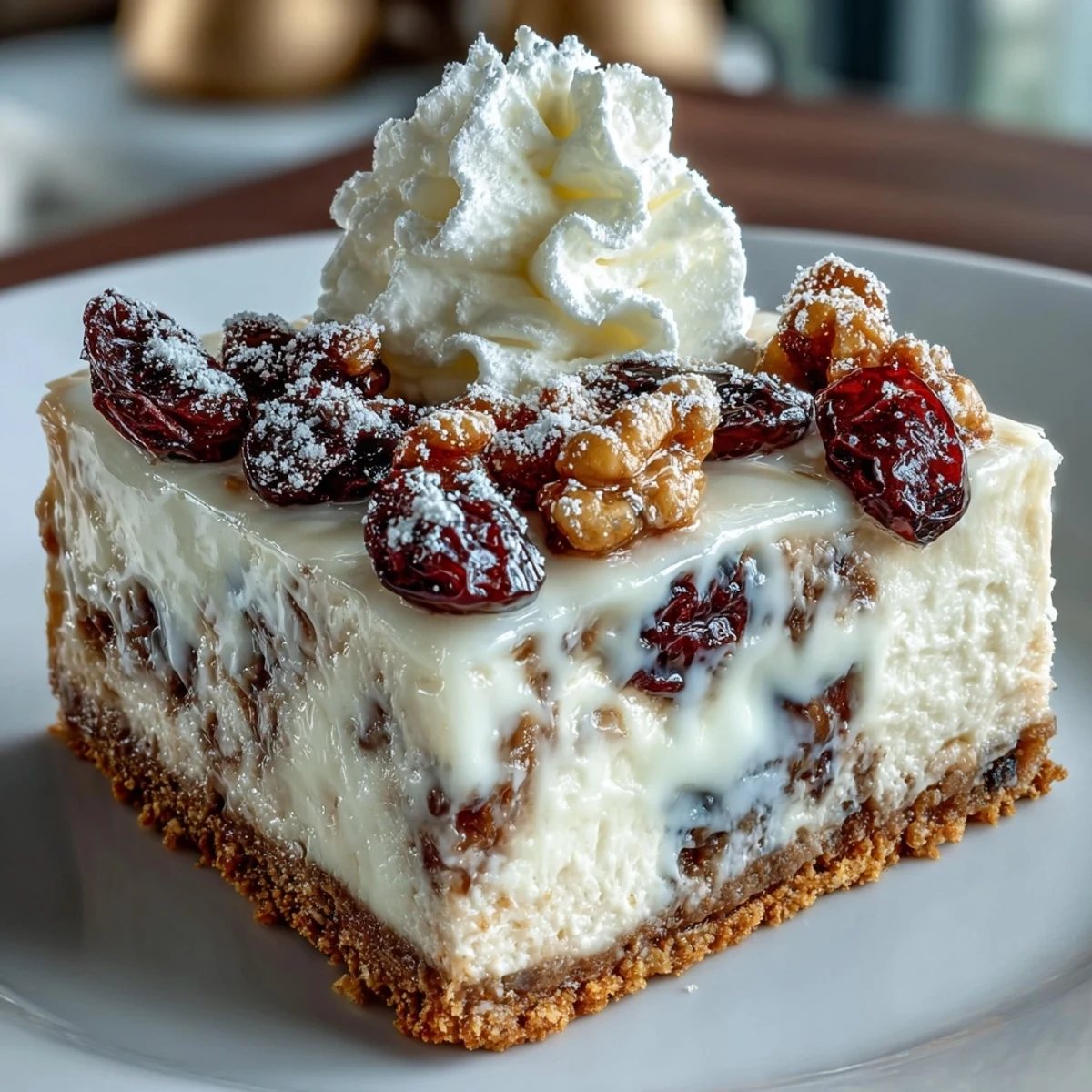 Freshly baked Christmas Cheesecake Slab squares rest on a tray, featuring a golden biscuit crust and creamy filling topped with whipped cream. 