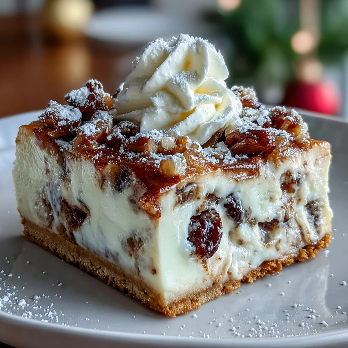 Sliced Christmas Cheesecake Slab portions show the dense, spiced interior studded with dried fruit, served on a rustic wooden board. 