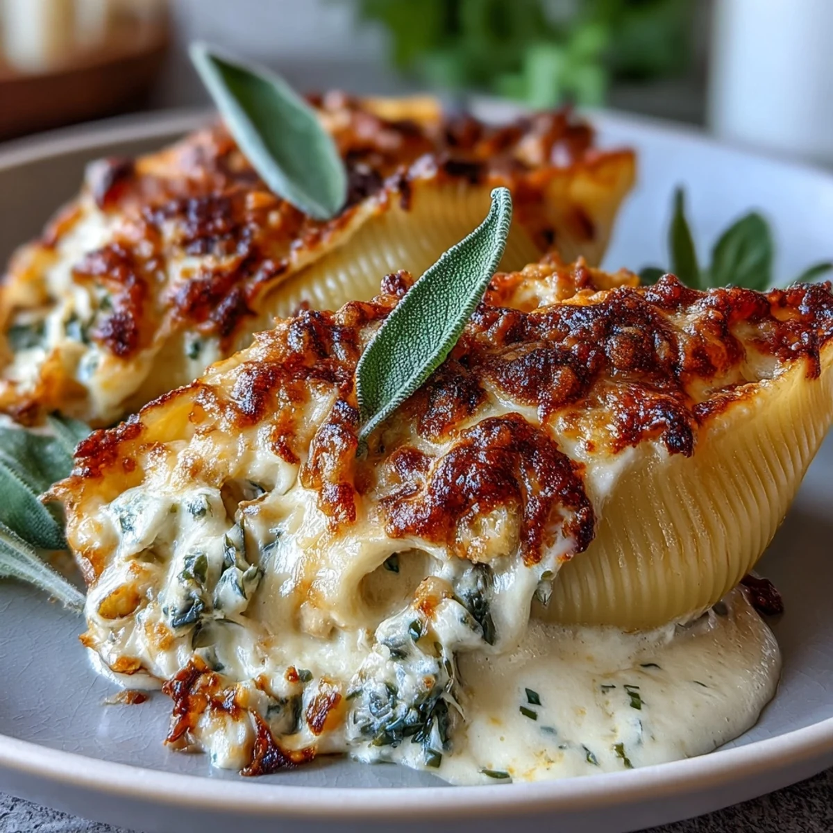 Jumbo pasta shells filled with pumpkin, ricotta, and smoked Gouda, baked in a luscious brown butter sage Alfredo sauce for dinner.