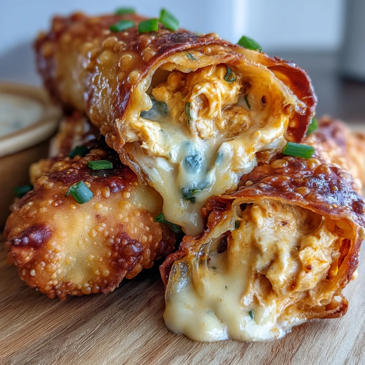 Golden-brown Buffalo Chicken Dip Egg Rolls served with a side of creamy ranch for dipping.