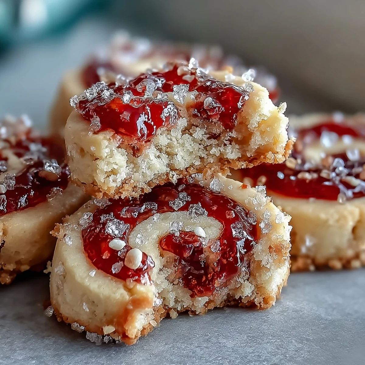 Freshly baked Raspberry Swirl Shortbread Cookies cool on a wire rack, showcasing golden edges and a vibrant red jam center.