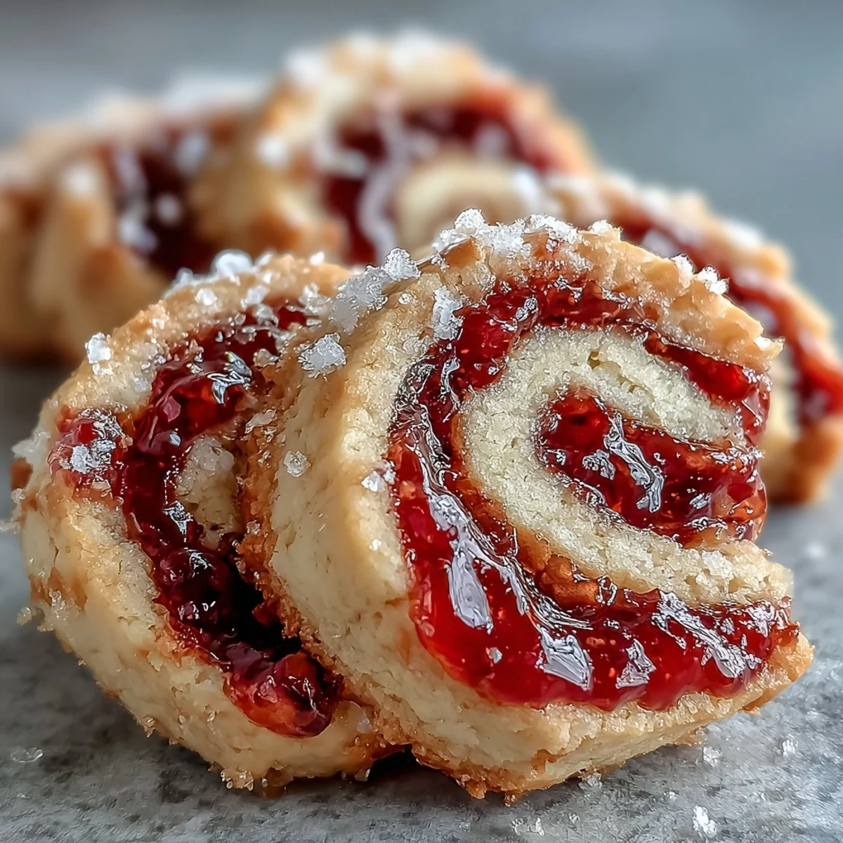 Close-up of a halved Raspberry Swirl Shortbread Cookie revealing a buttery, melt-in-your-mouth texture and tangy raspberry filling.