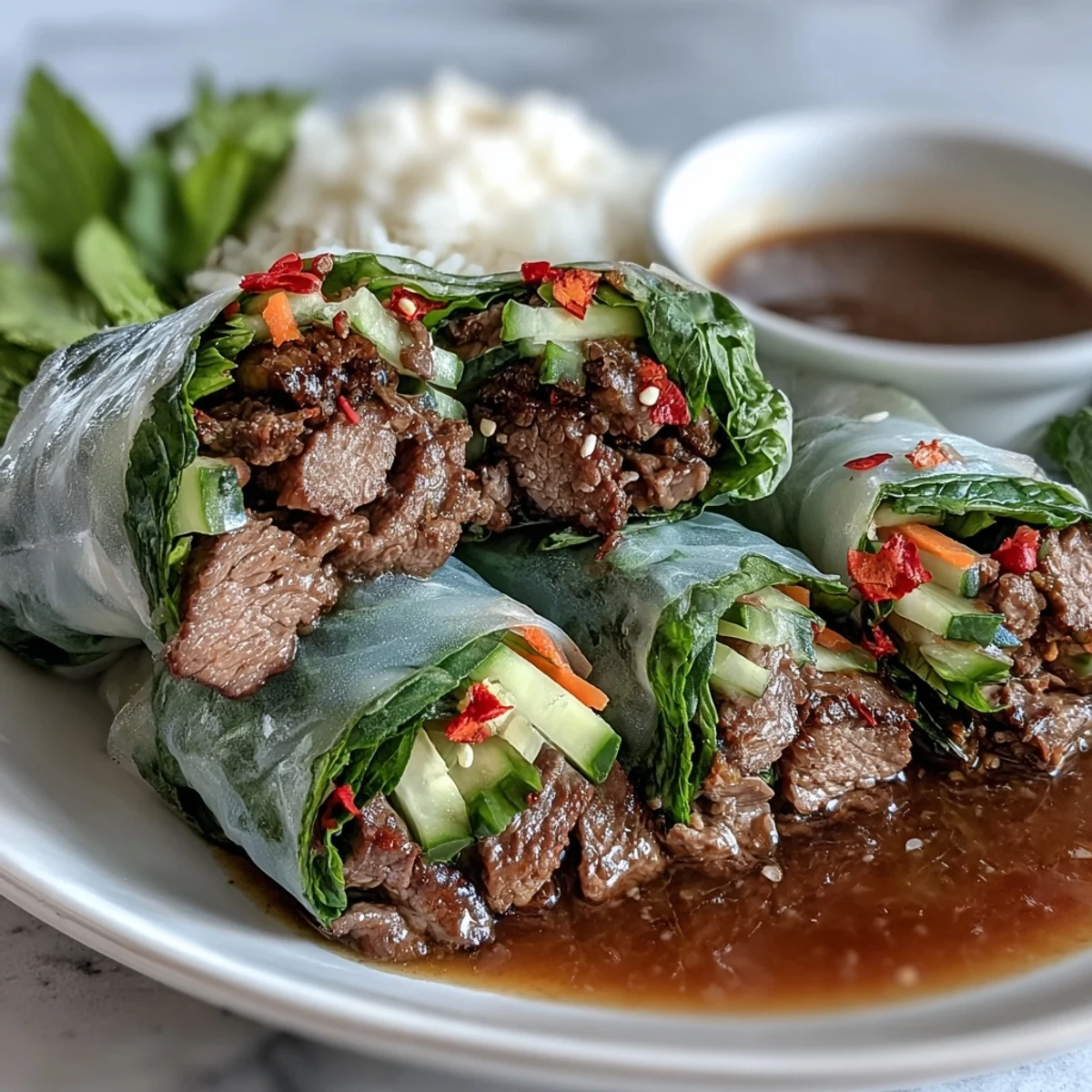 Freshly rolled Thai Basil Beef Rolls filled with savory beef, crisp vegetables, and aromatic herbs, served with a tangy dipping sauce.  