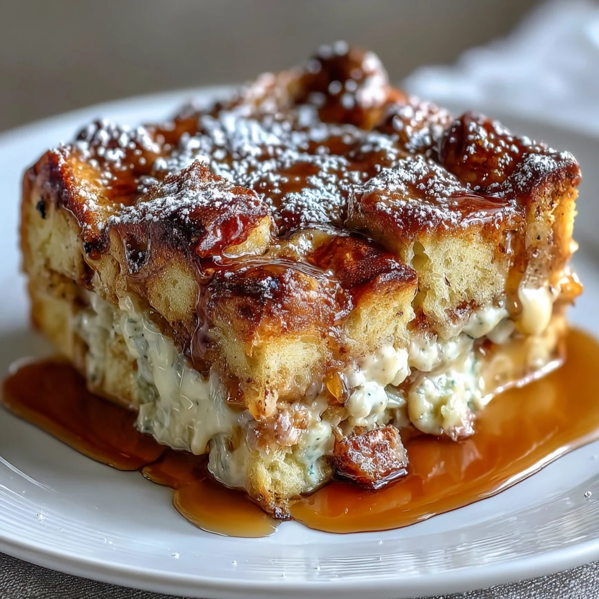 Sliced squares of Monte Cristo Breakfast Casserole show layers of ham, turkey, and Swiss cheese.