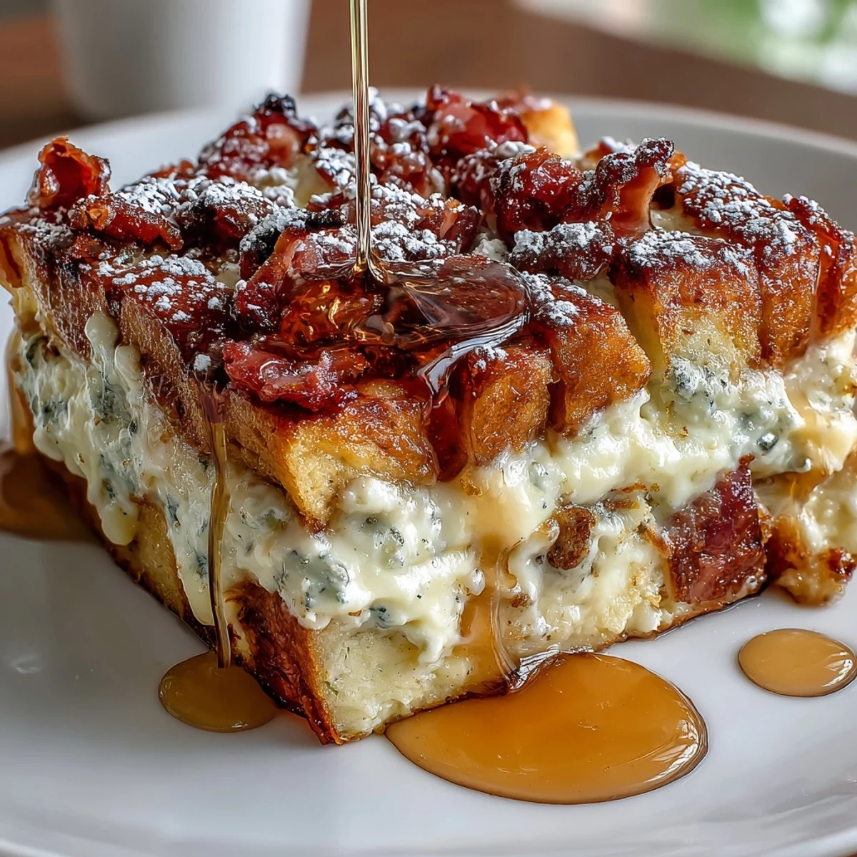 Monte Cristo Breakfast Casserole drizzled with maple syrup on a plate with fresh berries.