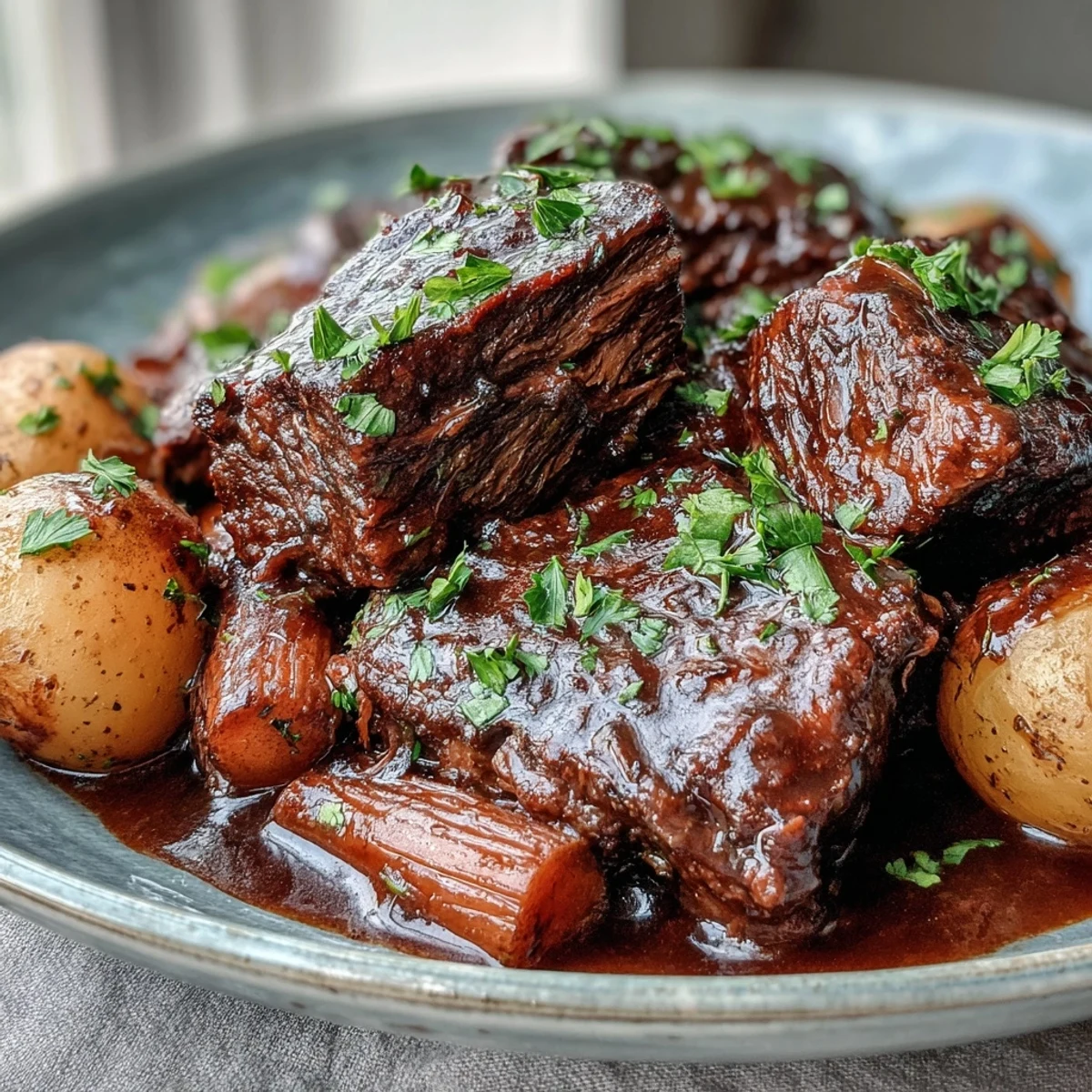 A savory slice of beef pot roast surrounded by soft vegetables in a rich, aromatic broth, plated for a hearty family dinner.