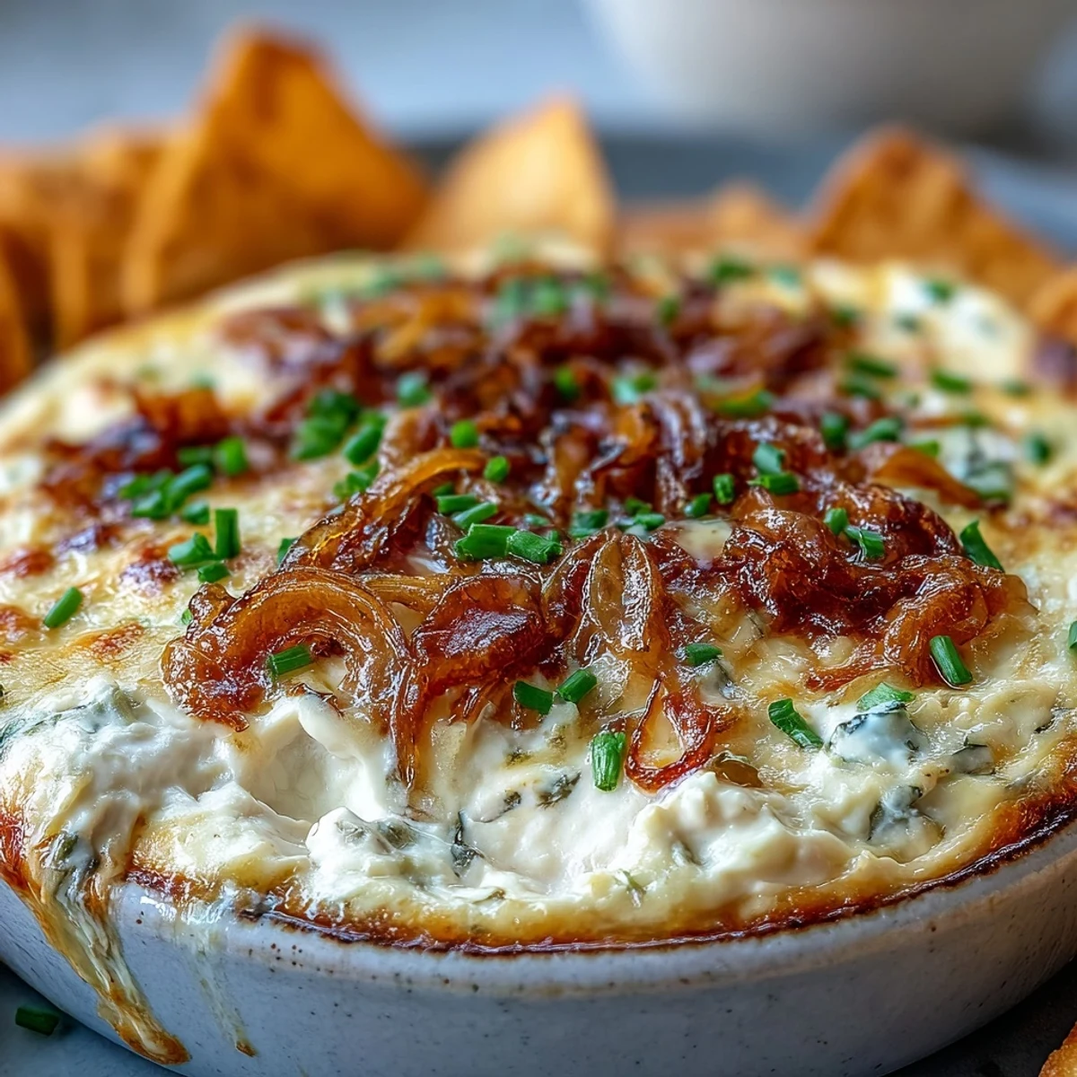 Smoked Gouda & Onion Dip bakes to a golden, bubbly finish in a rustic dish, ready for dipping.
