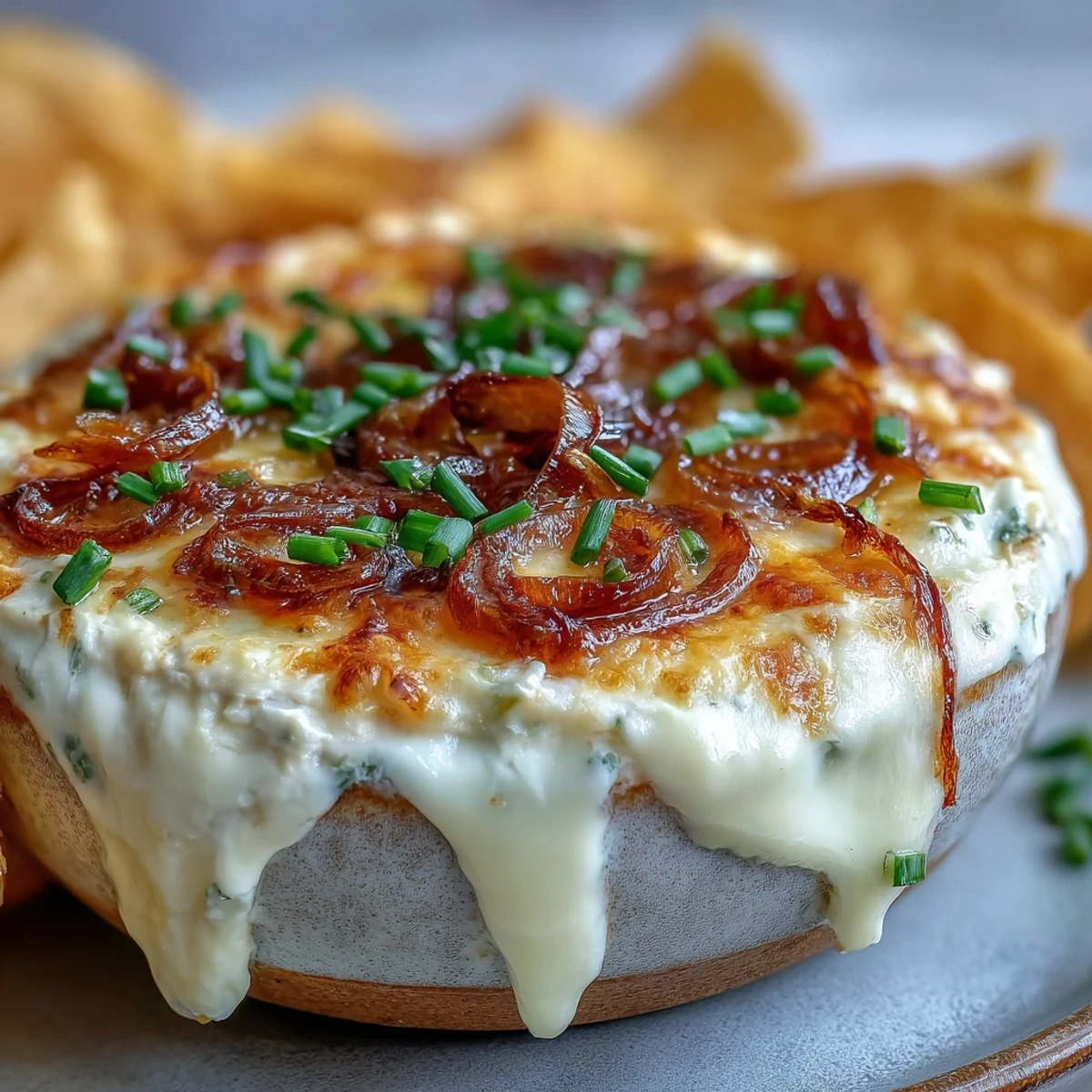 Warm Smoked Gouda & Onion Dip is served with crunchy tortilla chips and fresh-cut vegetables on the side.