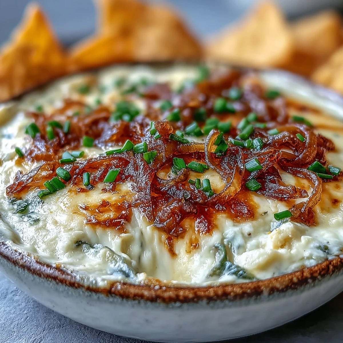 Cheesy Smoked Gouda & Onion Dip features a golden crust and chopped chives for a savory party appetizer.
