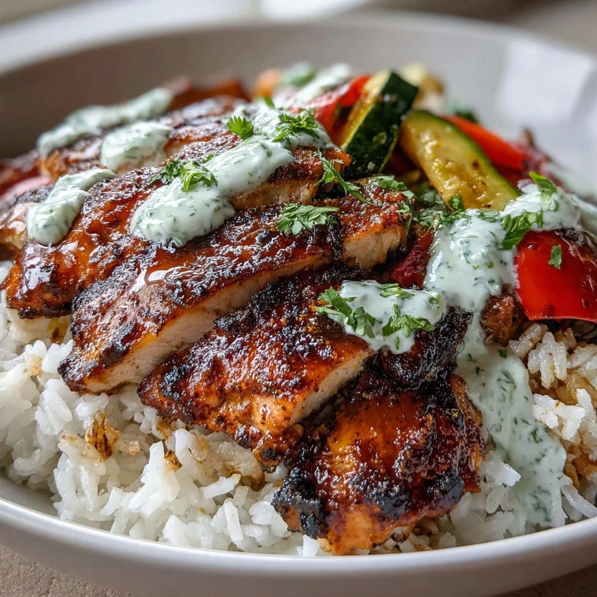 Ready-to-eat Blackened Chicken Bowl featuring vibrant sautéed peppers, onions, and fresh cilantro garnish on fluffy rice.
