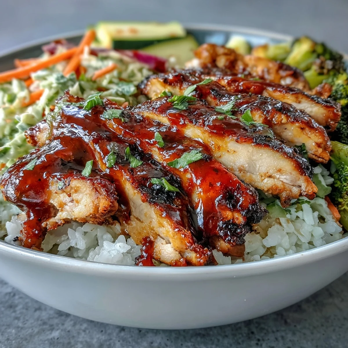 Vibrant BBQ Chicken Bowl with juicy glazed chicken, fluffy rice, and crunchy coleslaw ready to serve.